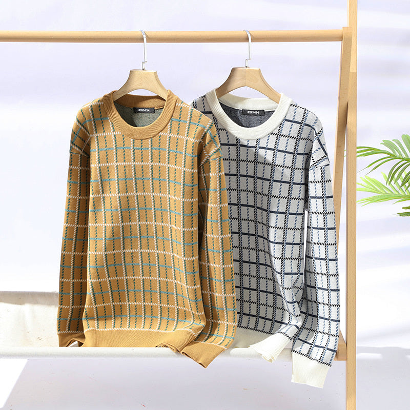 Winter Wool Sweater Men's Casual High Grade Plaid Knit Pullovers