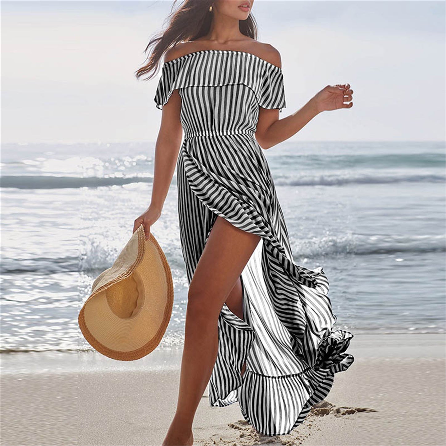 Women's Off-shoulder Dress Striped Waist