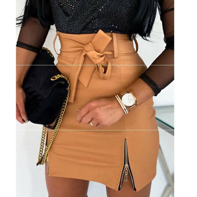 Women Bandage PU Leather Skirt Ladies Short Mini Skirts