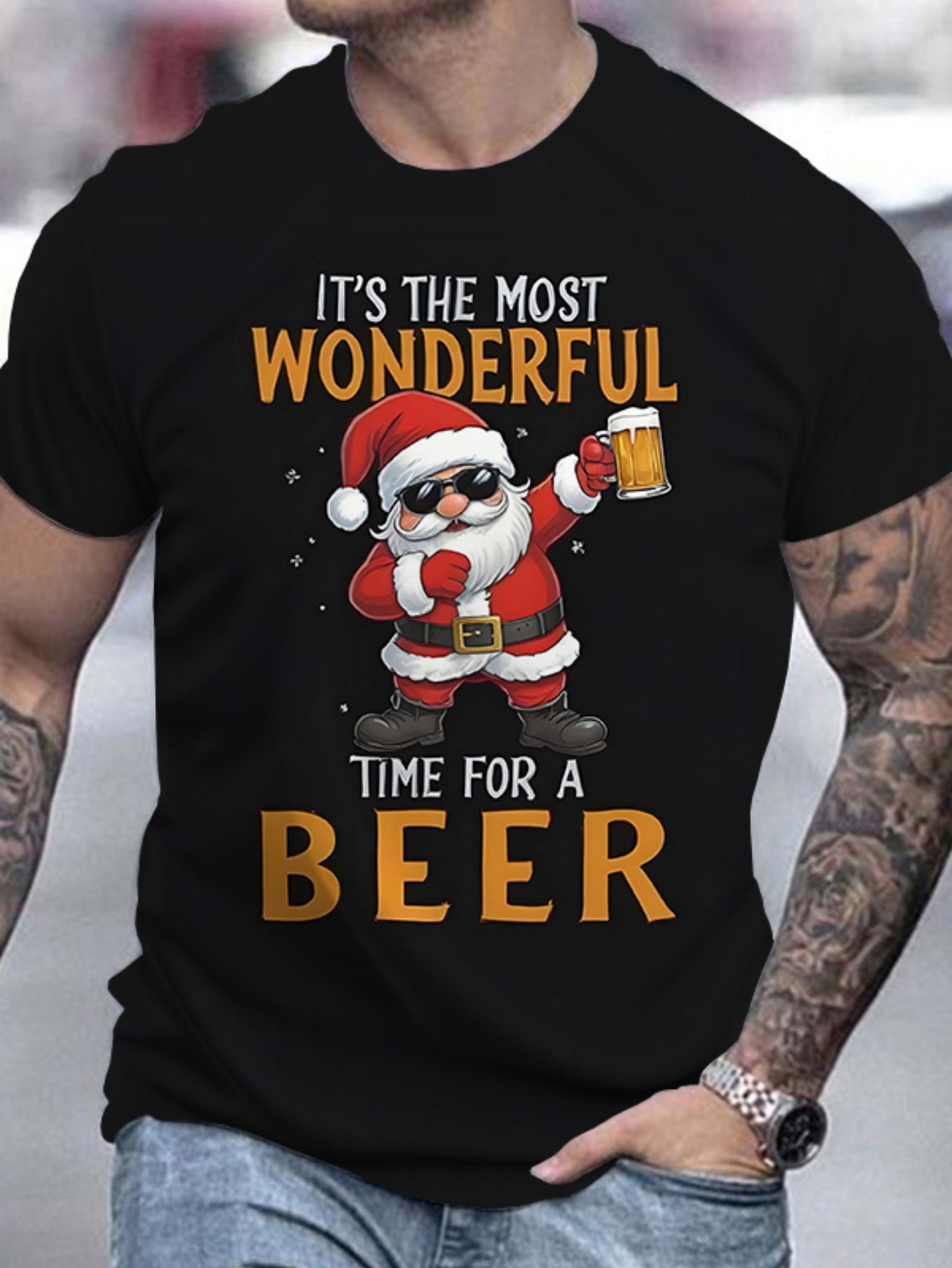 Men's Santa Claus Enjoys Beer Pattern T-shirt - Casual Round Neck Short Sleeve