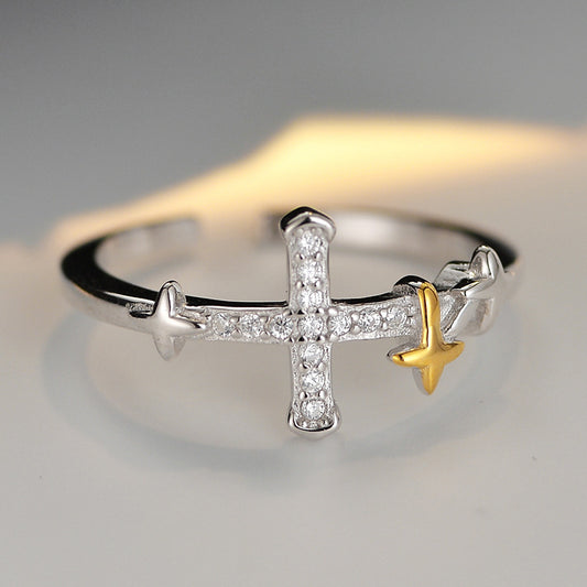 Simple Sterling Silver Diamond Cross Ring Women