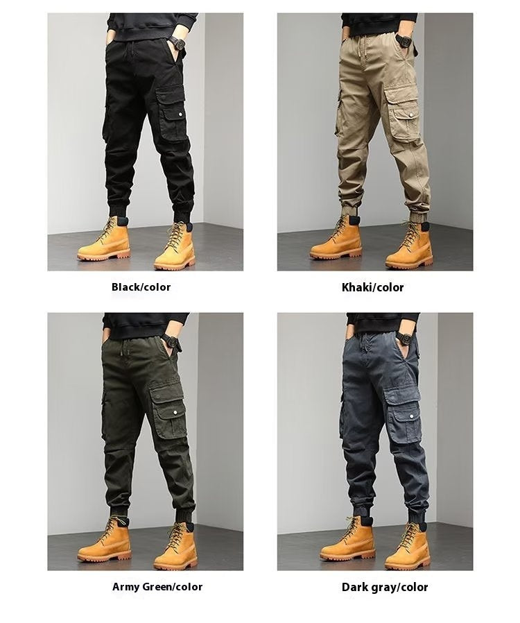 Men's Cropped Tooling Spring And Autumn Loose-fitting Casual Ankle-banded Trousers Multi-pocket