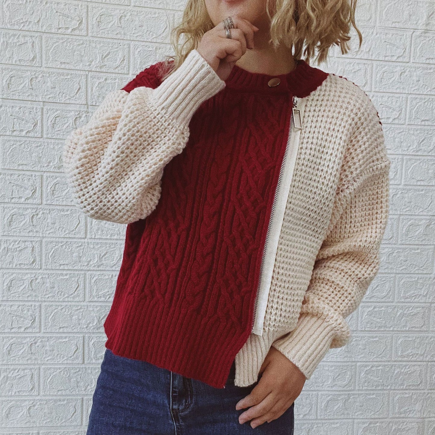 Round Neck Oblique Zipper Twist Color Contrast Patchwork Knitted Cardigan Sweater Coat