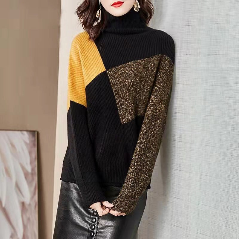 Women's Loose High Collar Color Matching Sweater