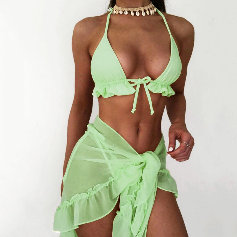 Pleating Lace-up Halterneck Mesh Bikini Solid Color Three-piece Set