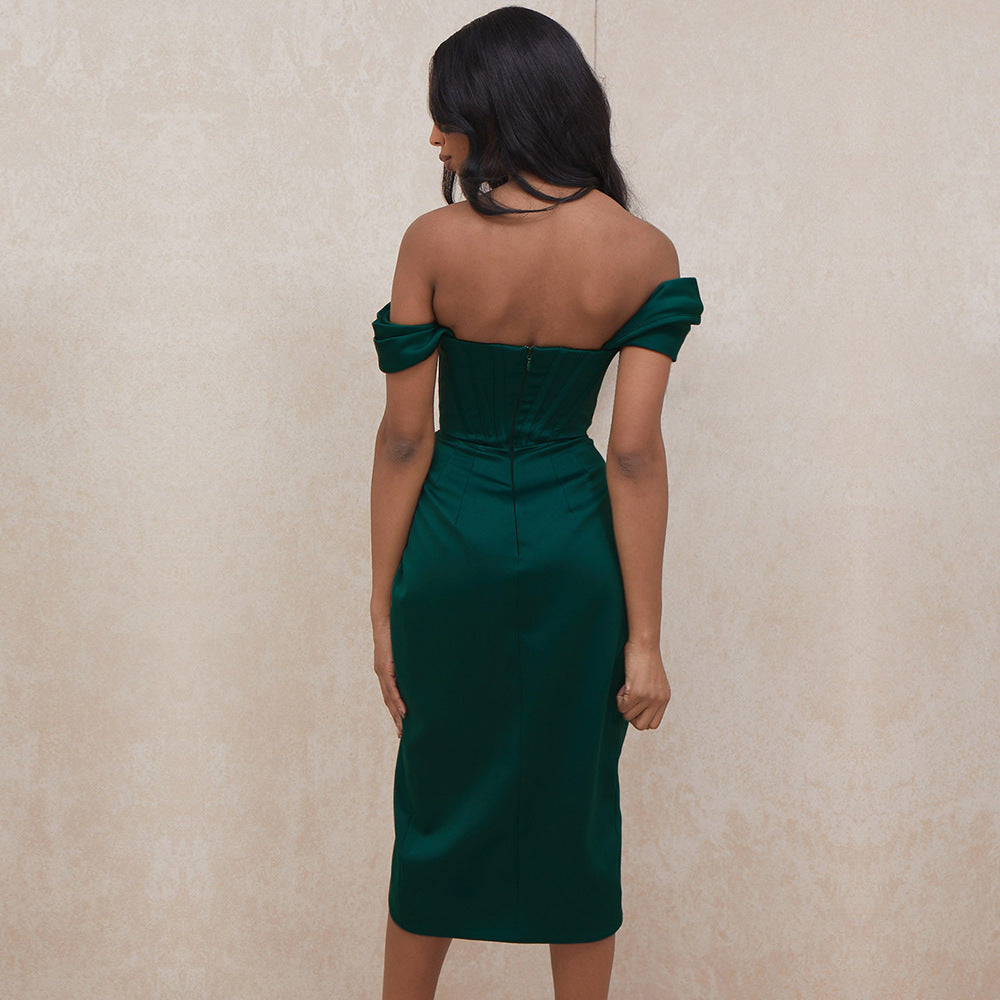 Temperament Split Fishbone Pattern Sexy Backless Off-shoulder Dress