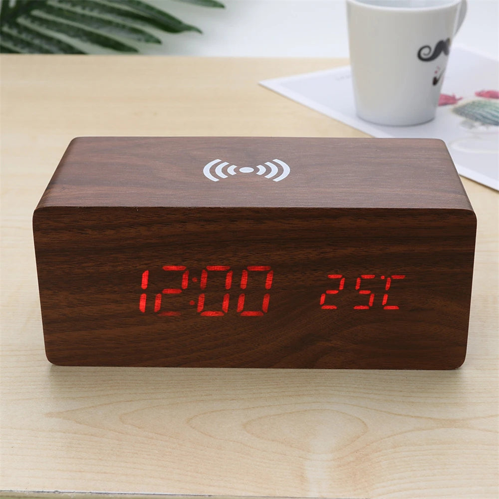 Modern Wooden Digital LED Backlit Alarm Clock Thermometer Qi Wireless Charger Clock with Charger