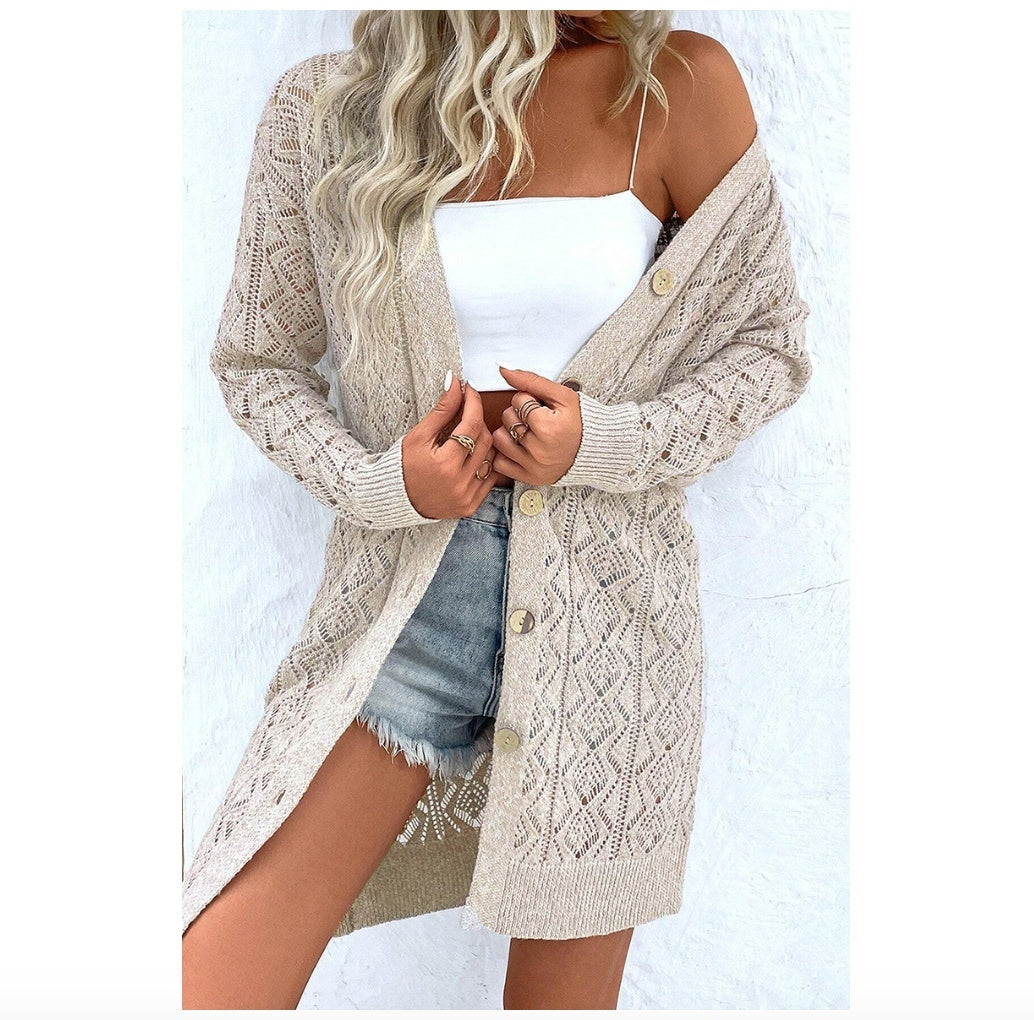 Women's Casual Solid Color Hollow Cardigan Sweater