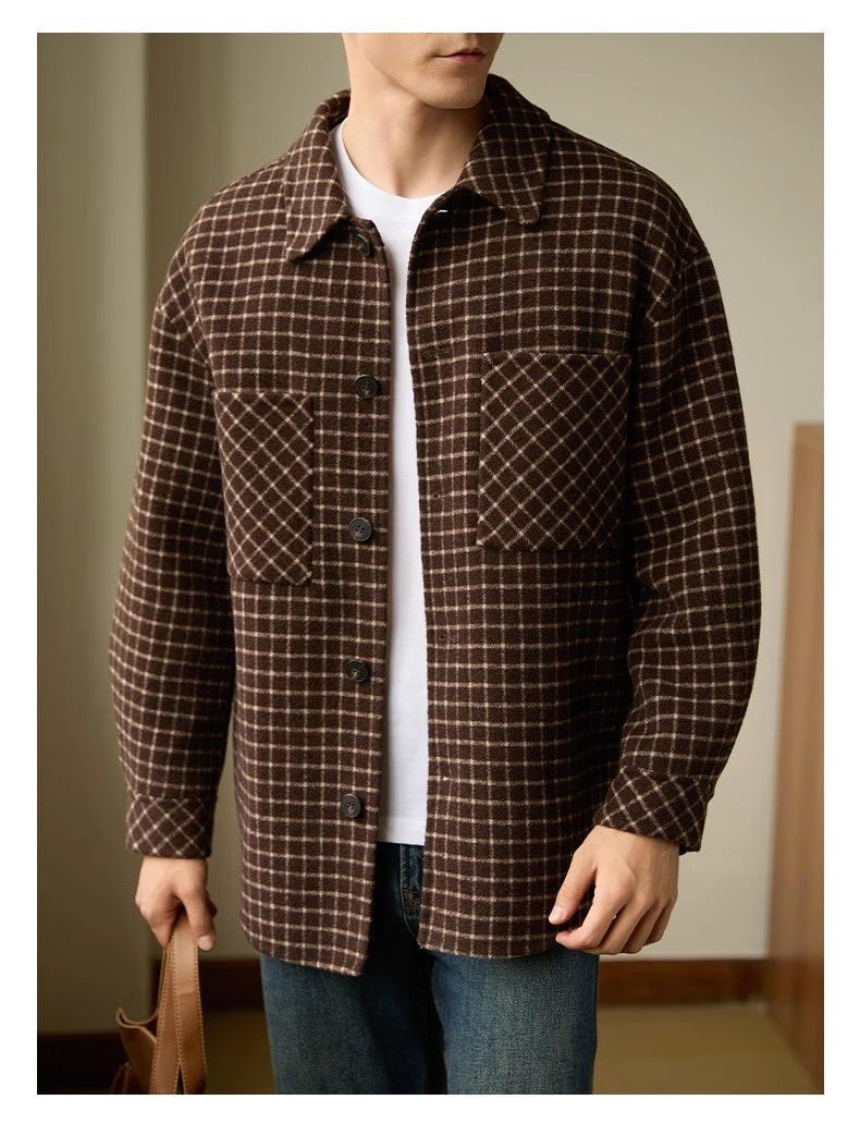 Double-sided Woolen Houndstooth Design Coat Men's Casual