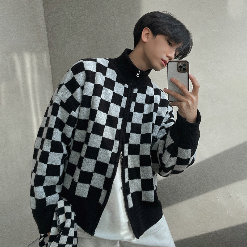 Checkerboard Pullover Herren Loose Trend Stehkragen