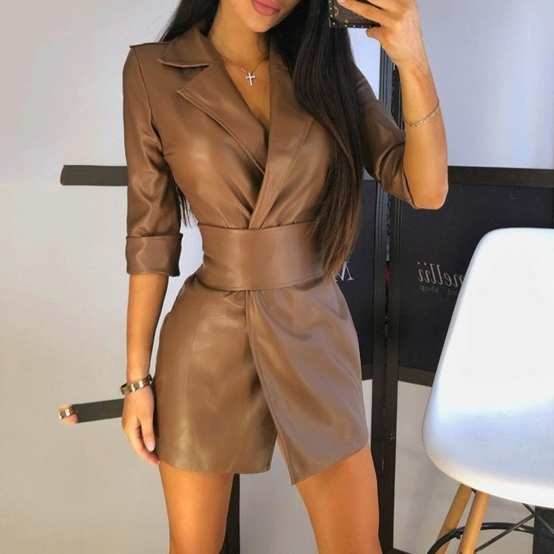 Solid Color PU Leather Suit Collar Medium Long Sleeve Women's Dress Leather Coat Belted