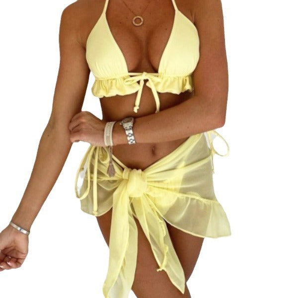 Pleating Lace-up Halterneck Mesh Bikini Solid Color Three-piece Set