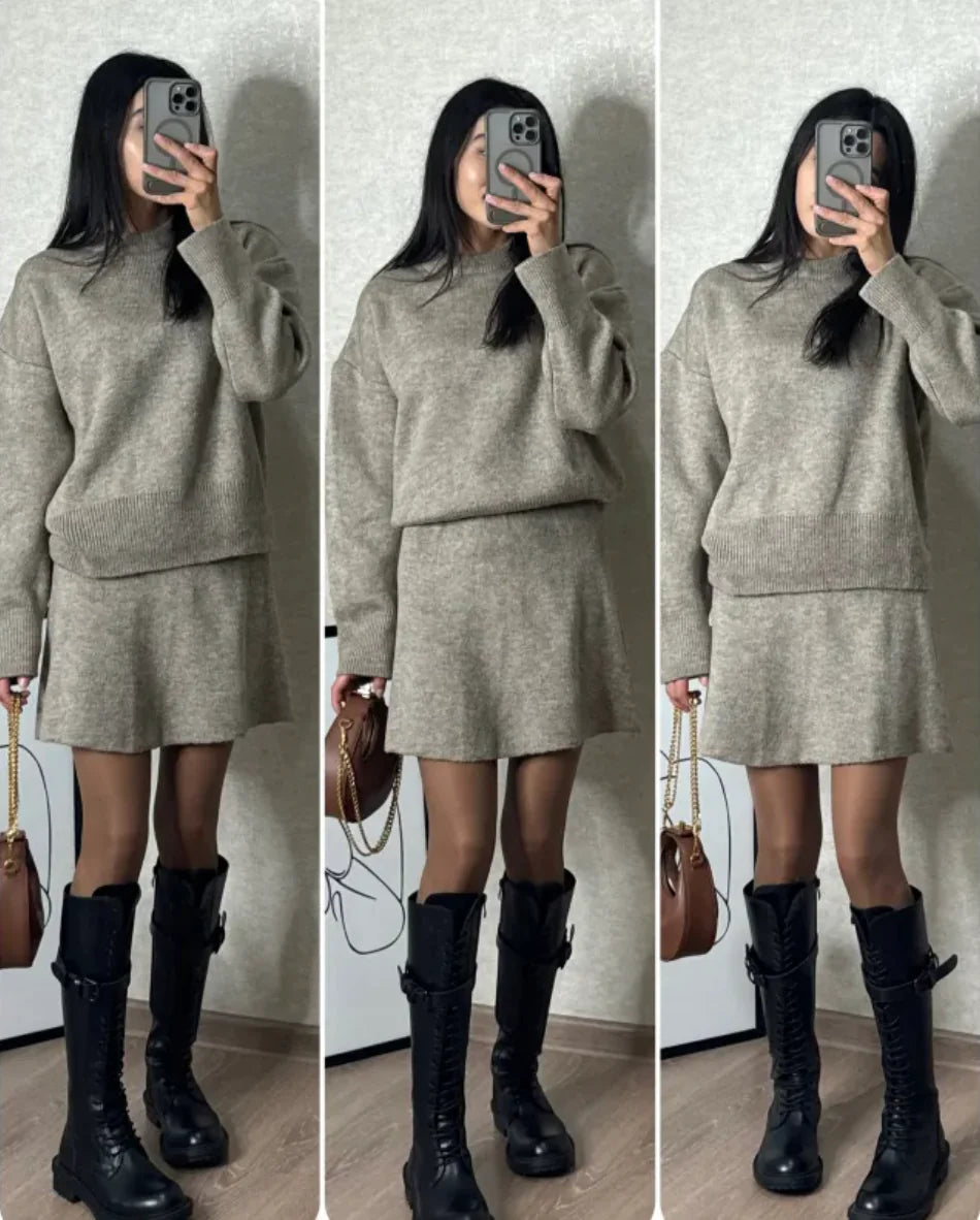 Pure Color Casual Versatile College Style Knitwear Skirt Outfit for Women