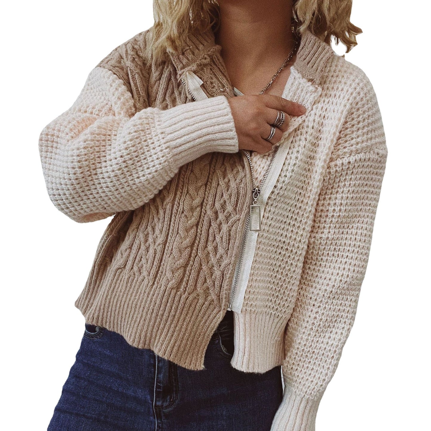 Round Neck Oblique Zipper Twist Color Contrast Patchwork Knitted Cardigan Sweater Coat