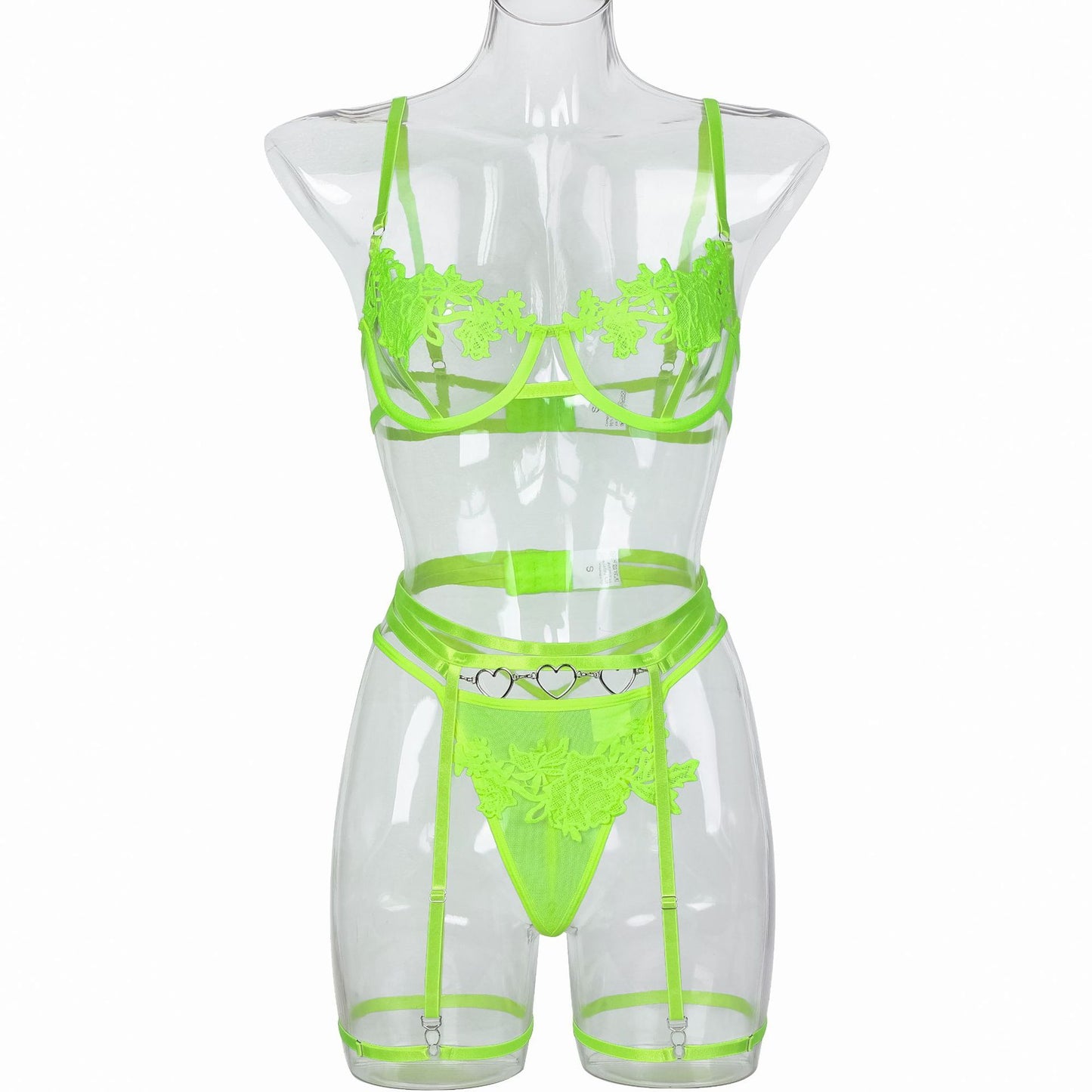 Fluorescent Green Water-soluble Embroidery Flower Mesh Chest Hollow Sexy Underwear Three-piece Set