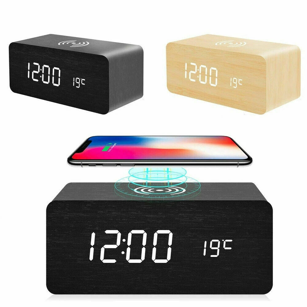 Modern Wooden Digital LED Backlit Alarm Clock Thermometer Qi Wireless Charger Clock with Charger