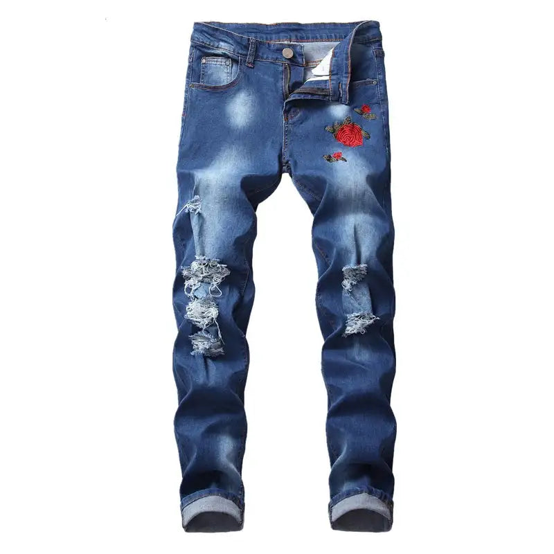 Jeans mit roter Rosenstickerei