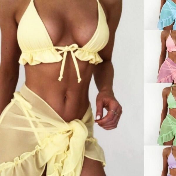 Pleating Lace-up Halterneck Mesh Bikini Solid Color Three-piece Set