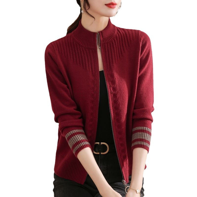 Stand Collar Zipper Wool Cardigan Coat For Women