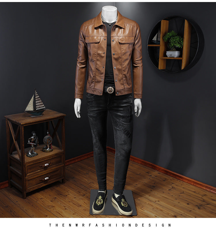 Men's Long-sleeved Lapel Motorcycle Pu Handsome Leather Coat