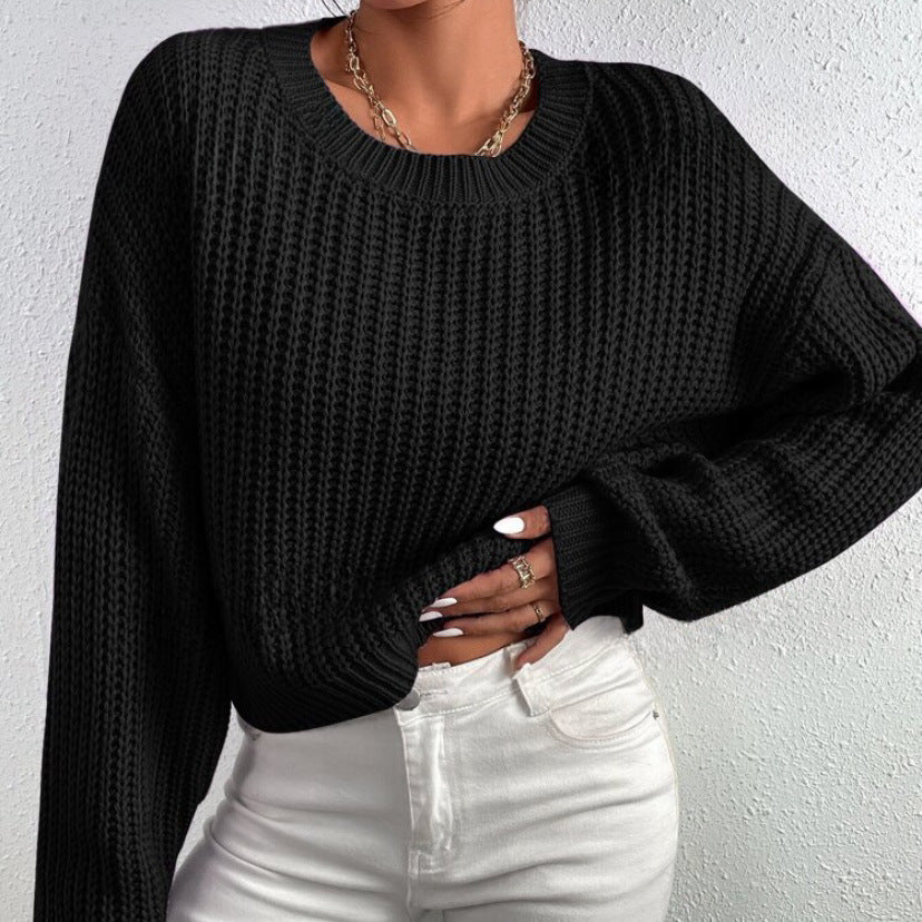 European And American Loose Short Pullover Round Neck Long Sleeves Sweater