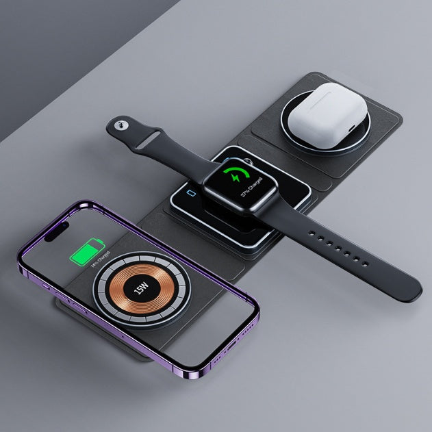 3 IN 1 Magnetische, faltbare kabellose Ladestation für das iPhone, transparentes Schnellladen für IWatch und Airpods