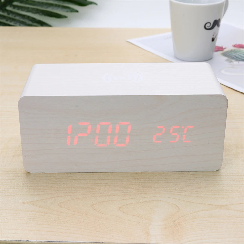 Modern Wooden Digital LED Backlit Alarm Clock Thermometer Qi Wireless Charger Clock with Charger