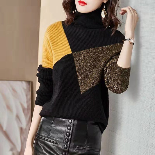 Women's Loose High Collar Color Matching Sweater