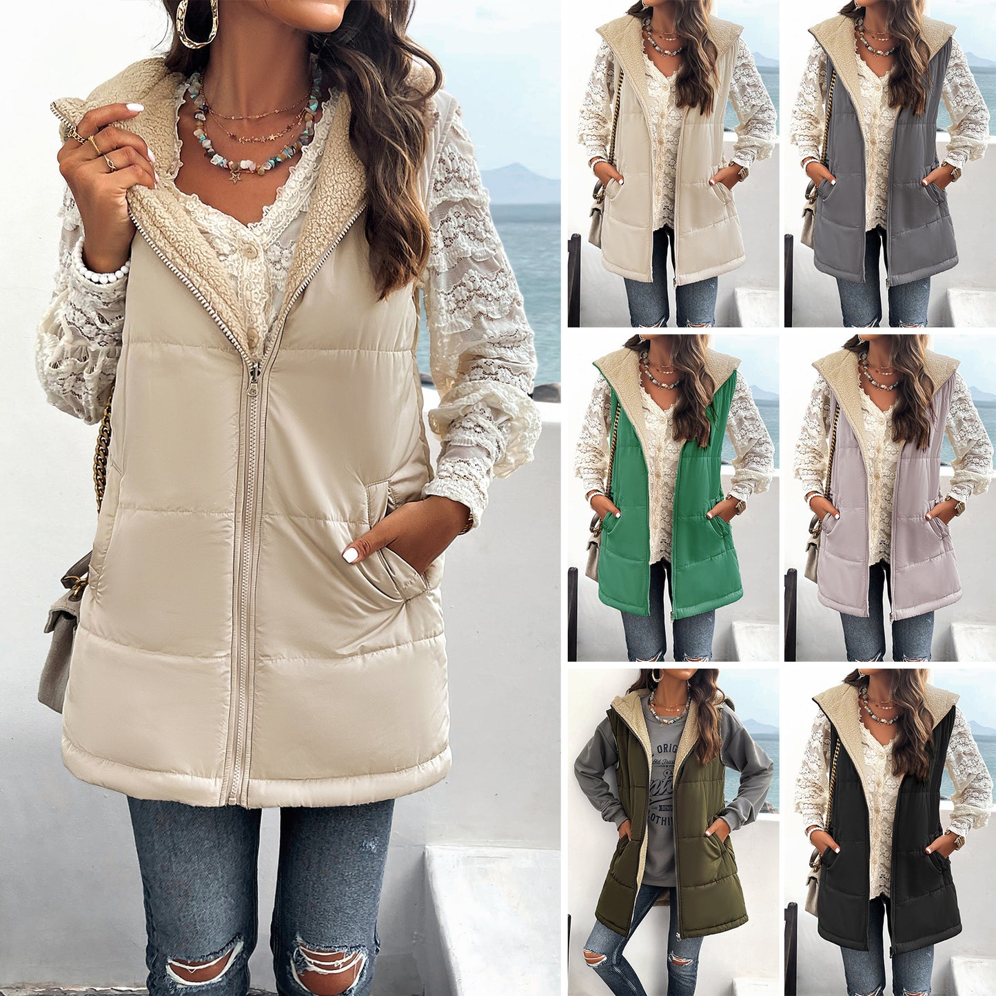 Winterweste Damen Lockere Pendeljacke Mittellange Kapuzenjacke Aus Baumwolle Mit Taschen Mode Warmer Reißverschluss Flauschiger Mantel Outdoor-Kleidung