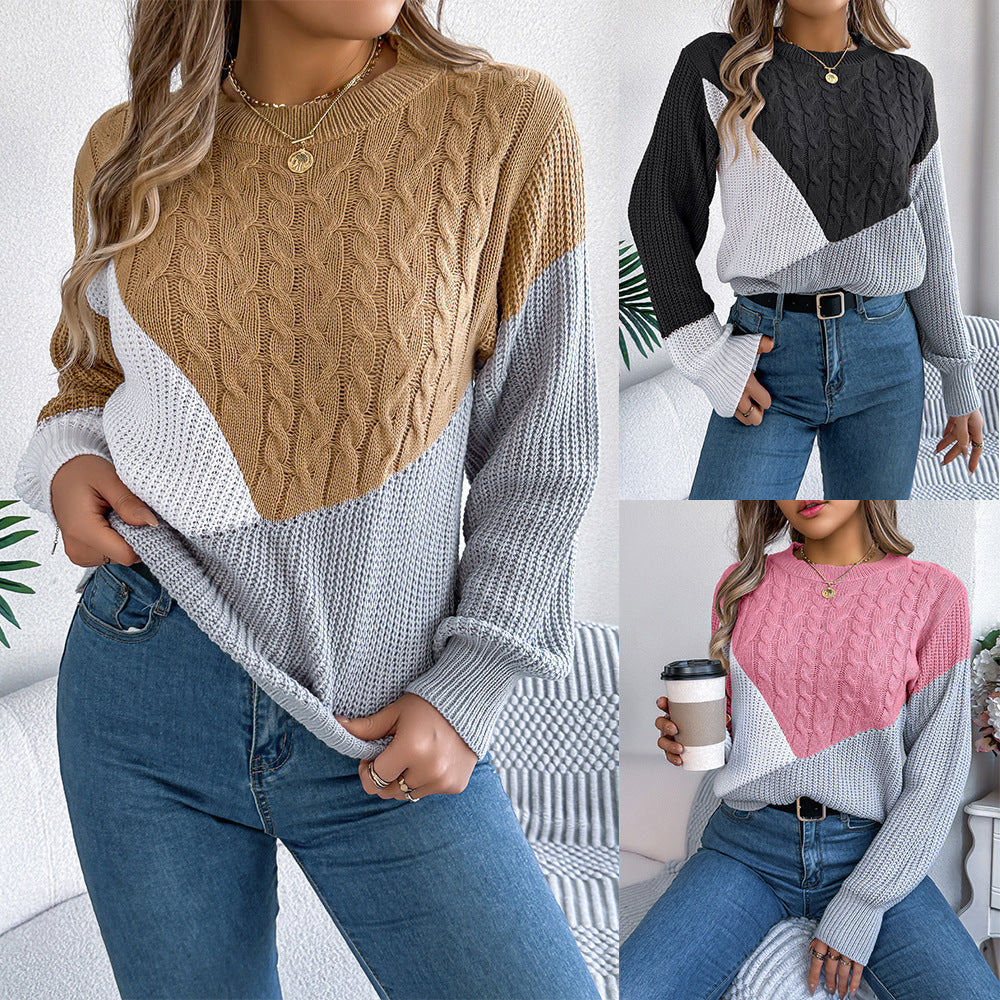 Contrast Color Twist Long Sleeve Pullover Sweaters Women's Clothing