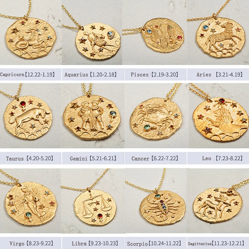 Gold Coin Disk Pendant Zodiac Necklace