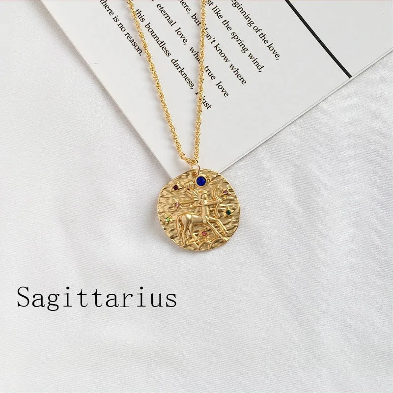 Gold Coin Disk Pendant Zodiac Necklace