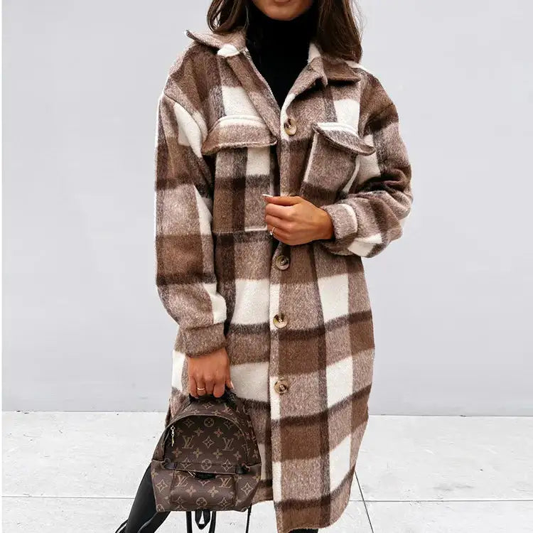 Women's Plaid Printed Long Overcoat Jacket