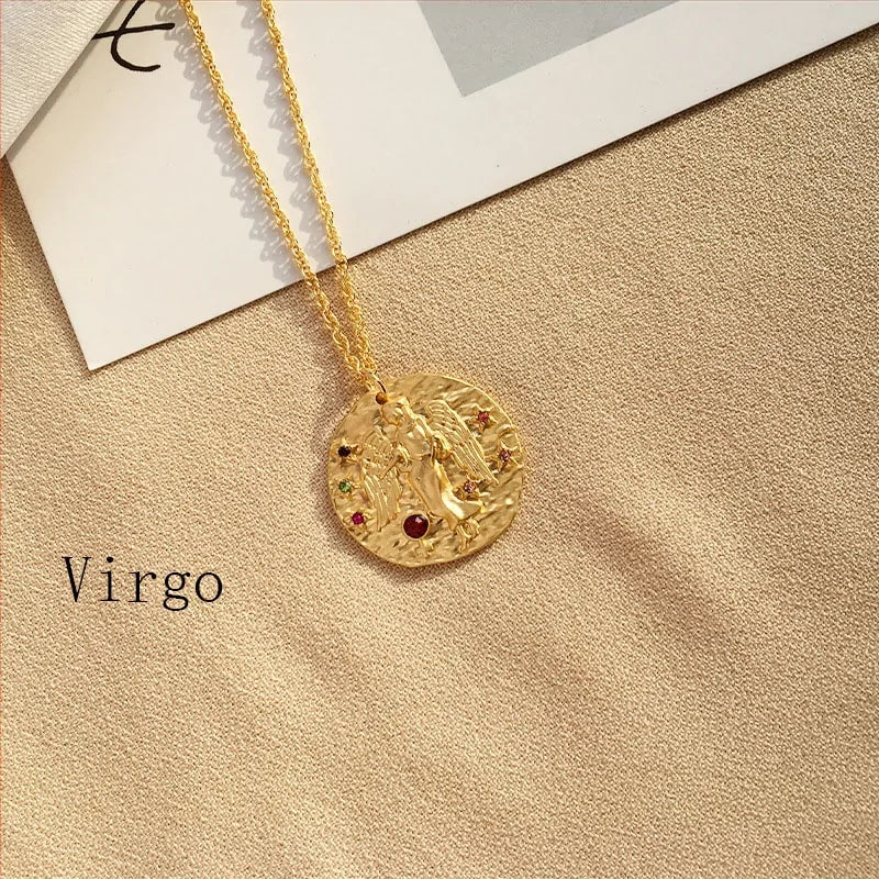 Gold Coin Disk Pendant Zodiac Necklace