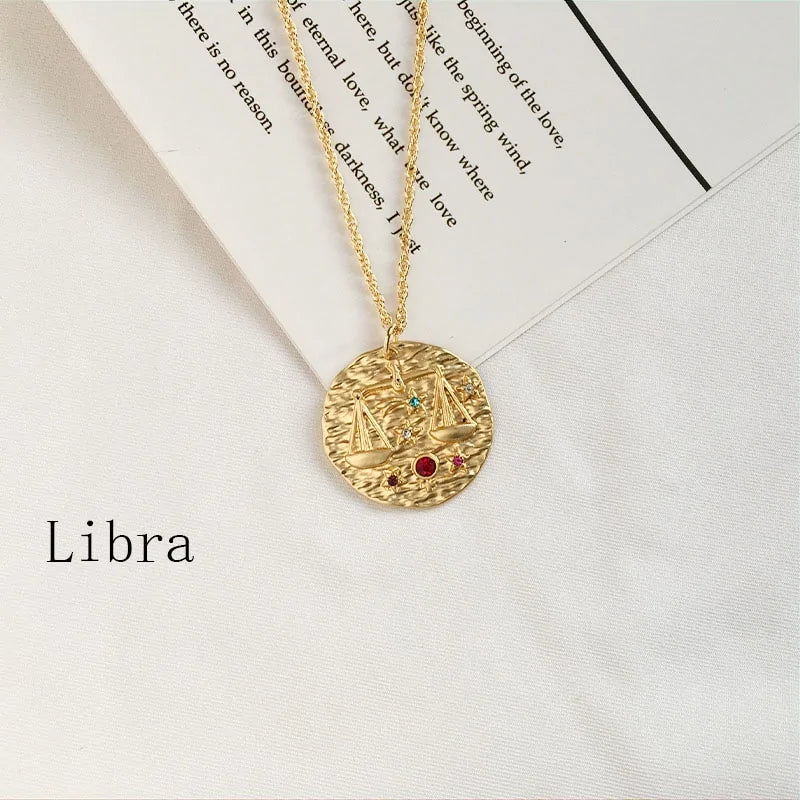 Gold Coin Disk Pendant Zodiac Necklace