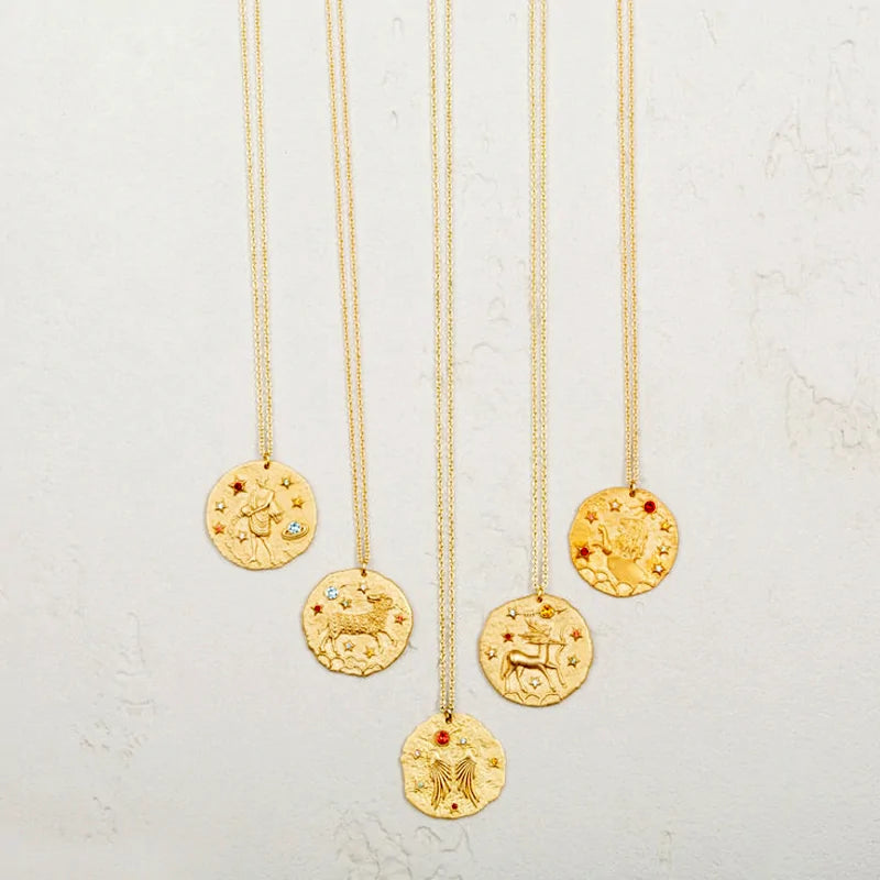 Gold Coin Disk Pendant Zodiac Necklace