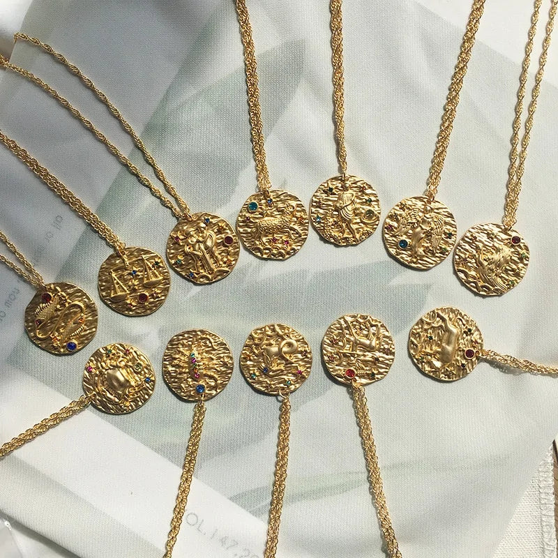 Gold Coin Disk Pendant Zodiac Necklace